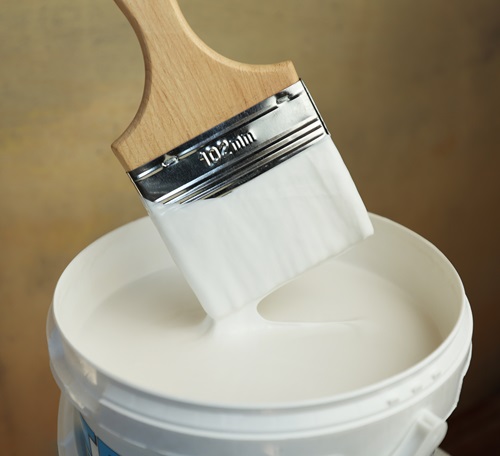 Paintbrush dipped into an open bucket of white paint