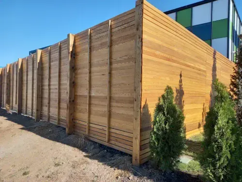 Tall horizontal cedar privacy fence lined with young cedar shrubs